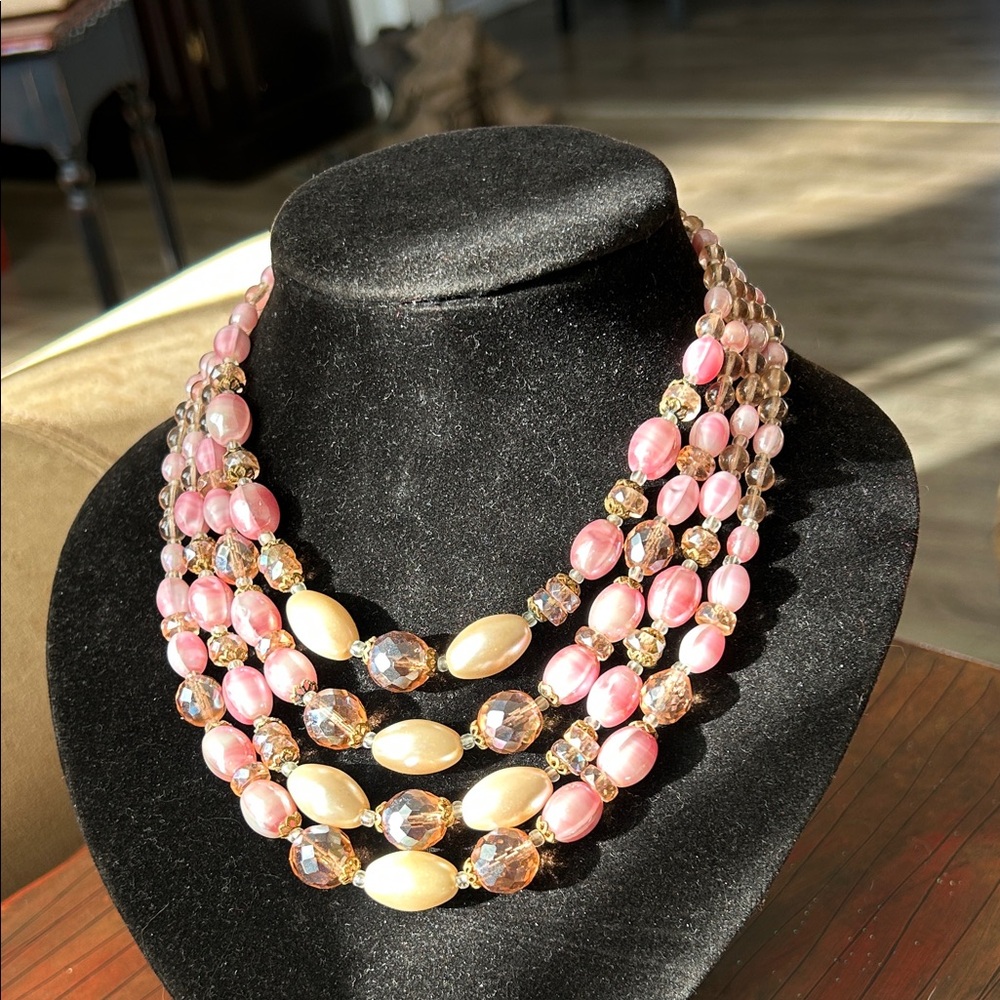 vtg Germany 4 strand Pink and Gold Beaded Necklace choker B6